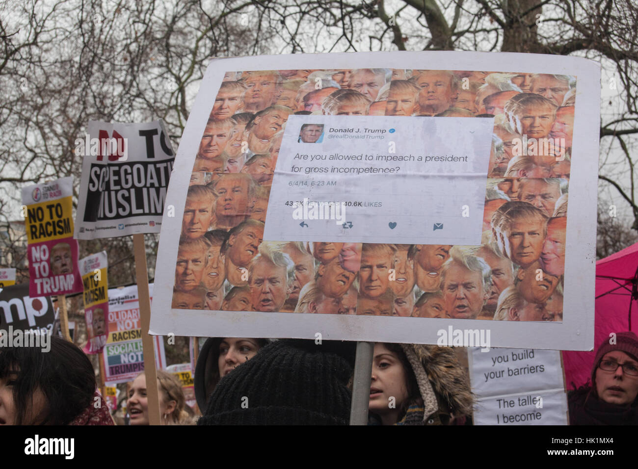 London, UK. 4th February, 2017. Placard of Donald Trump Tweet wanting to Impeach Obama Credit: Pauline A Yates/Alamy Live News Stock Photo