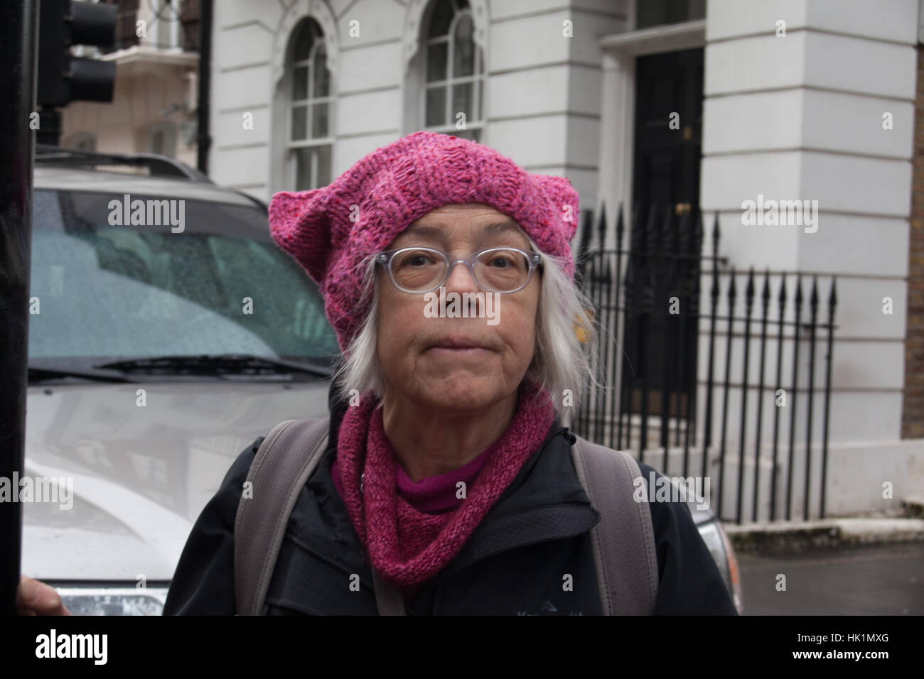 London, UK. 4th February, 2017. Lady with Pussy Hat on at 4th Feb 2017 London March against Donald Trump Credit: Pauline A Yates/Alamy Live News Stock Photo