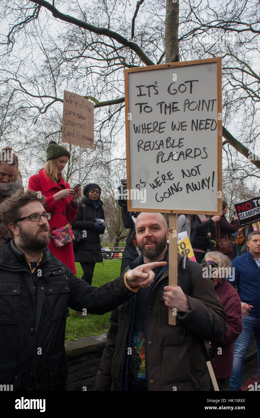 London, UK. 4th February, 2017. Man with placard at 4th Feb 2017 London March against Donald Trump Credit: Pauline A Yates/Alamy Live News Stock Photo