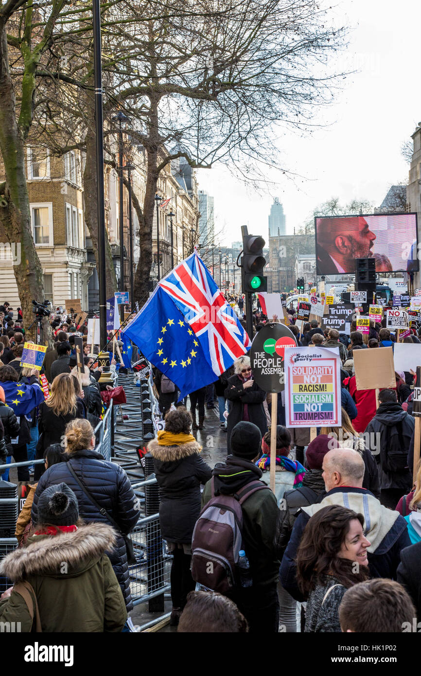 London, UK – February 4, 2017: Demonstration against USA President Donald Trump immigration and social policies as well as UK’s Brexit. Protest organized by Movement for Justice on Parliament Street in London. UK citizens walked out to oppose British Prime Minister Theresa May tight cooperation with Mr Trump and her invitation for USA President to visit UK this year. Credit: Dominika Zarzycka/Alamy Live News Stock Photo