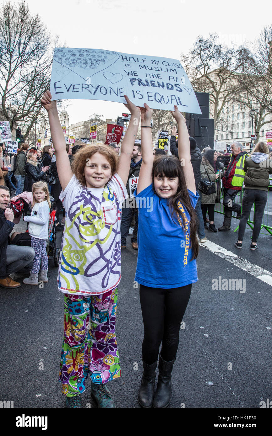 London, UK – February 4, 2017: Demonstration against USA President Donald Trump immigration and social policies as well as UK’s Brexit. Protest organized by Movement for Justice on Parliament Street in London. UK citizens walked out to oppose British Prime Minister Theresa May tight cooperation with Mr Trump and her invitation for USA President to visit UK this year. Credit: Dominika Zarzycka/Alamy Live News Stock Photo