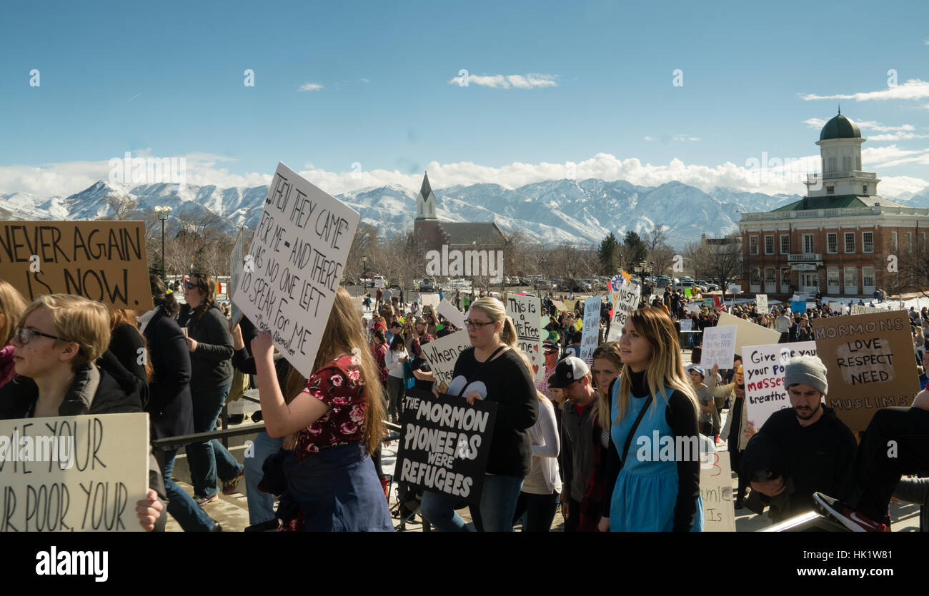 Salt Lake City, USA. 4th Feb, 2017. People in Salt Lake City march to support refugees and oppose President Trump's executive order banning travel from some predominantly Muslim countries. Credit: Brent Olson/Alamy Live News Stock Photo