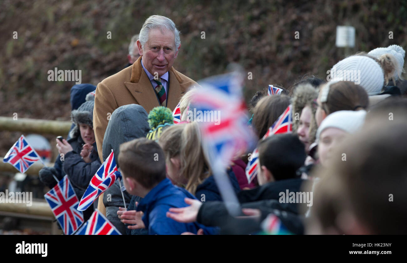 The Prince of Wales greets schoolchildren during a visit to Mountsorrel Railway and Rothley Community Heritage Centre in Rothley, Leicestershire. Stock Photo