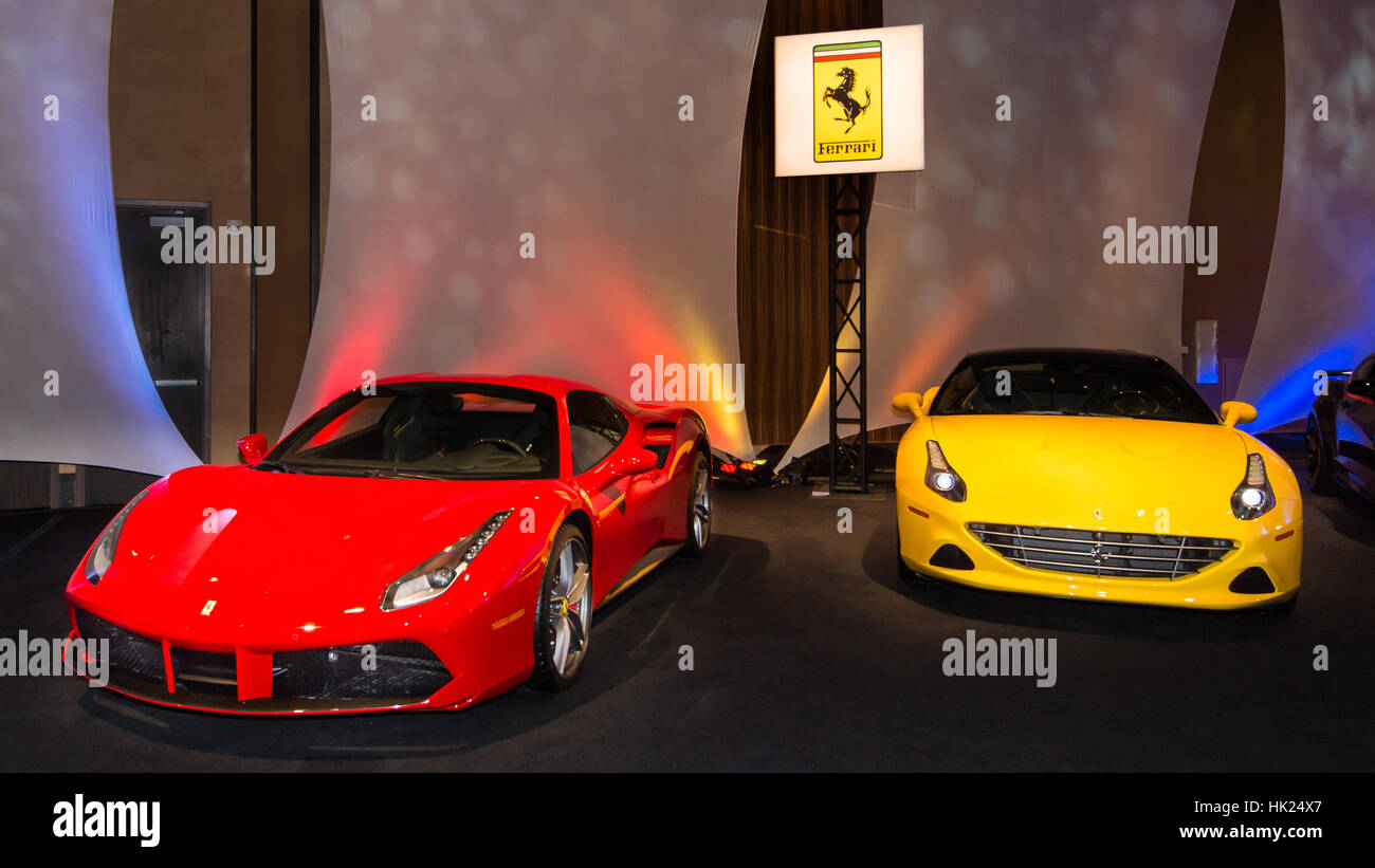 Ferrari 488 and California T cars at The Gallery / North American International Auto Show. Stock Photo