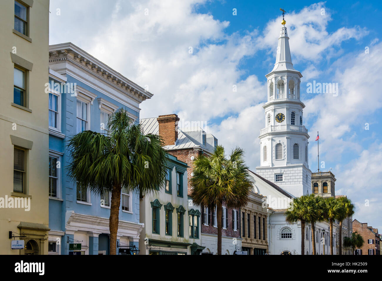 Buildings and palm trees along Broad Street, in Charleston, South Carolina. Stock Photo