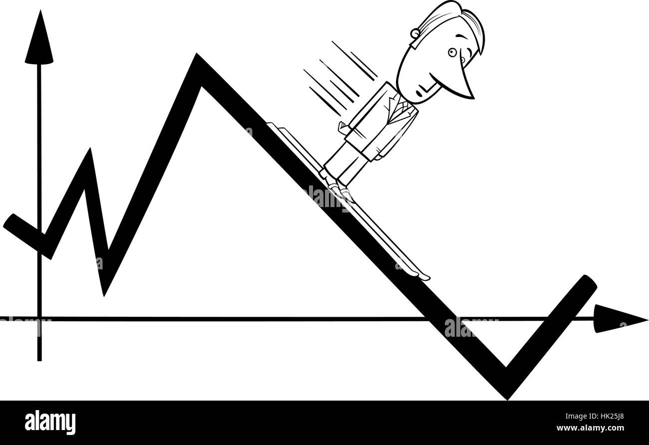 Black and White Concept Cartoon Illustration of Businessman Skiing on the Graph or Chart Stock Vector