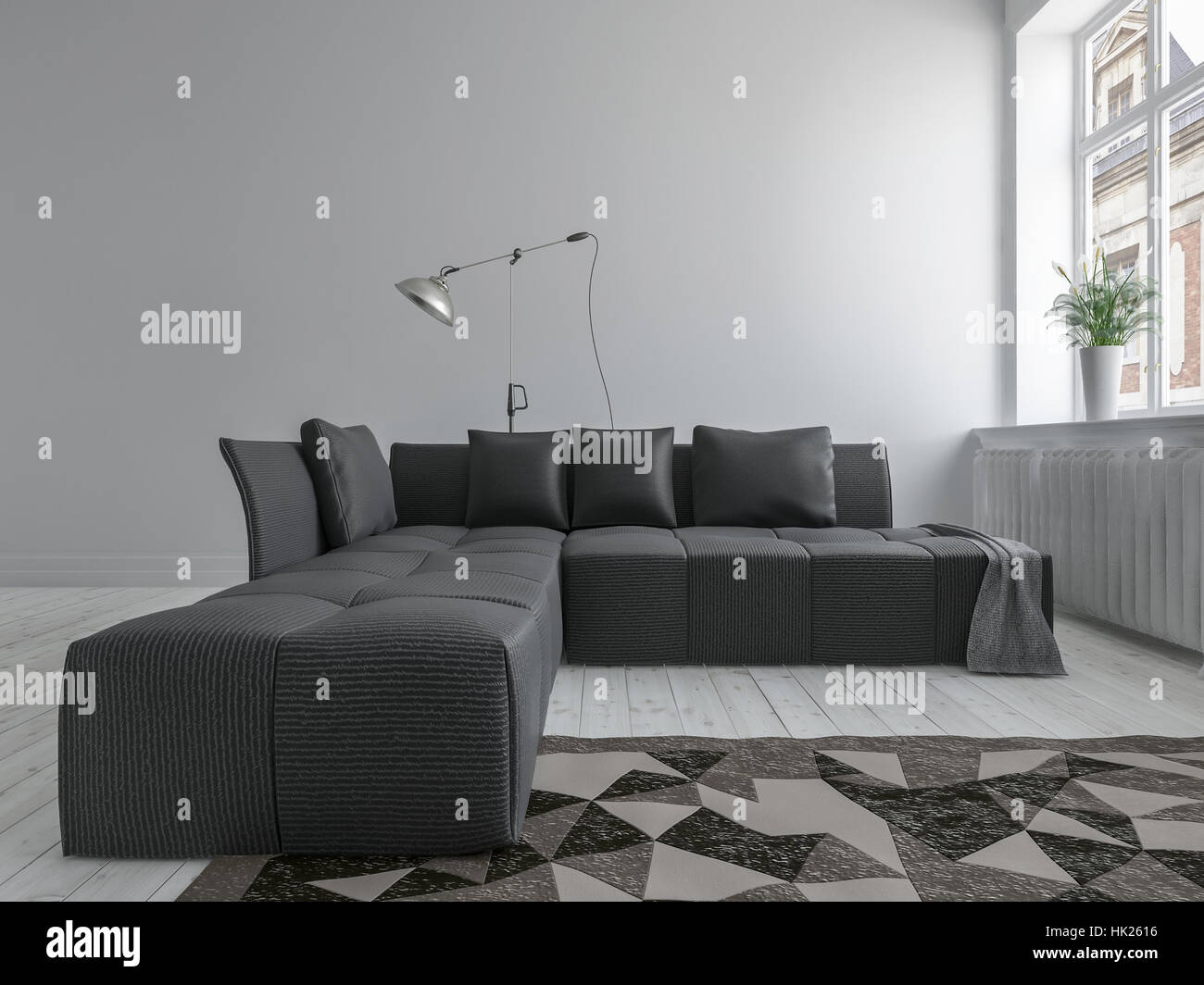 Black Corner Sofa And The Carpet In Minimalist Interior