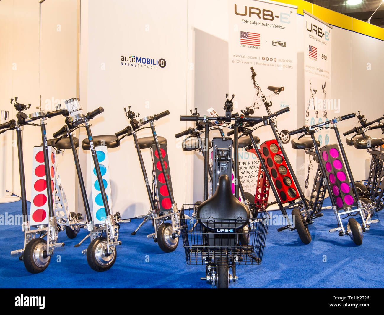 Several URB-E Sport foldable, electric scooters at the North American International Auto Show (NAIAS). Stock Photo