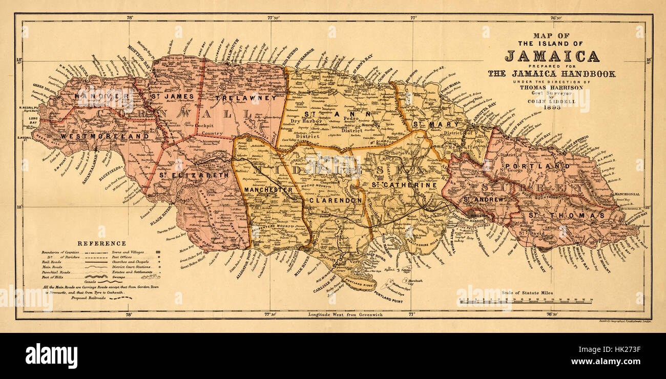 Map Of Jamaica 1893 Stock Photo