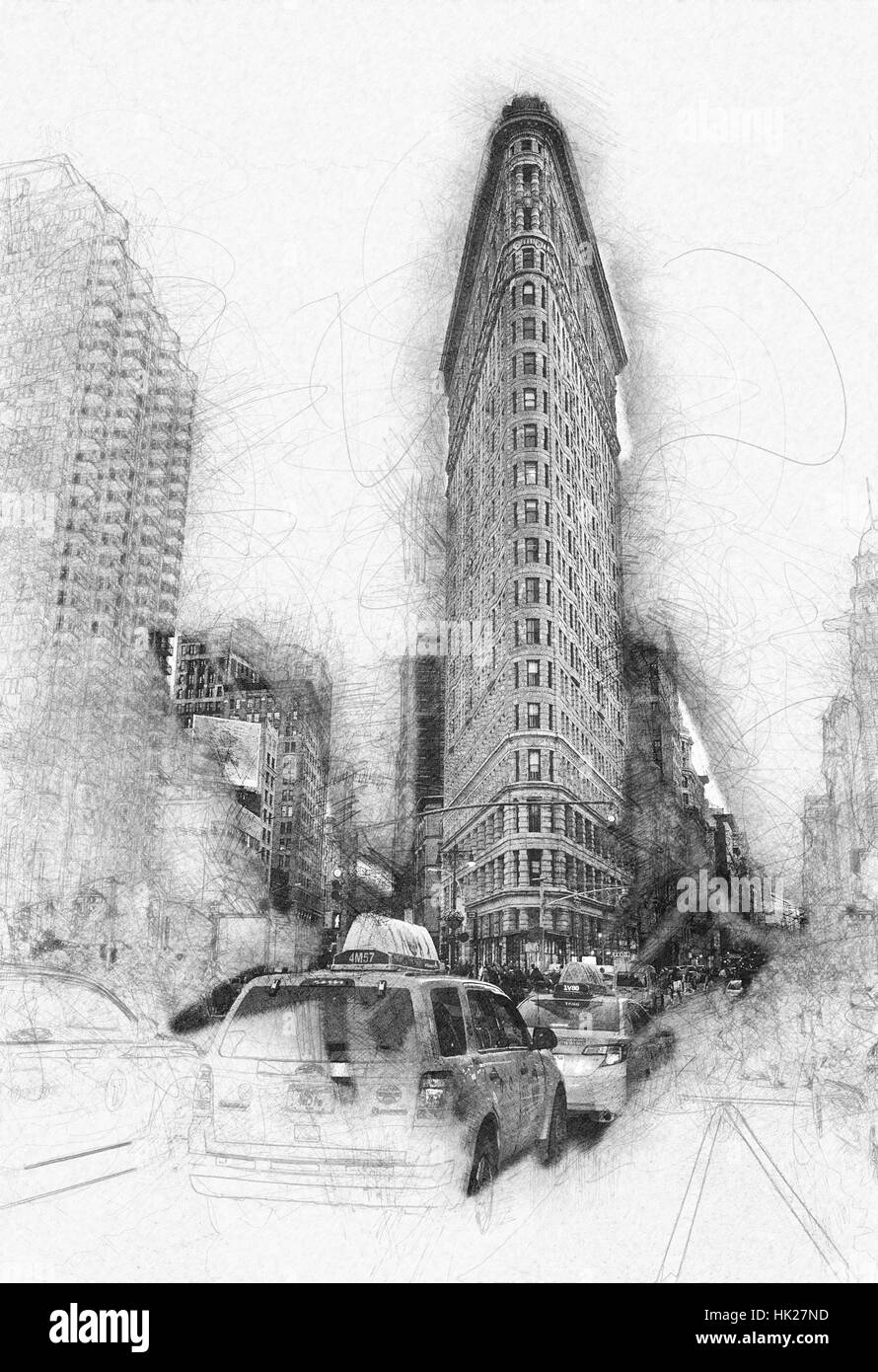 Greyscale Drawing In Pencil Art Of Busy Street Of New York Downtown Stock Photo Alamy