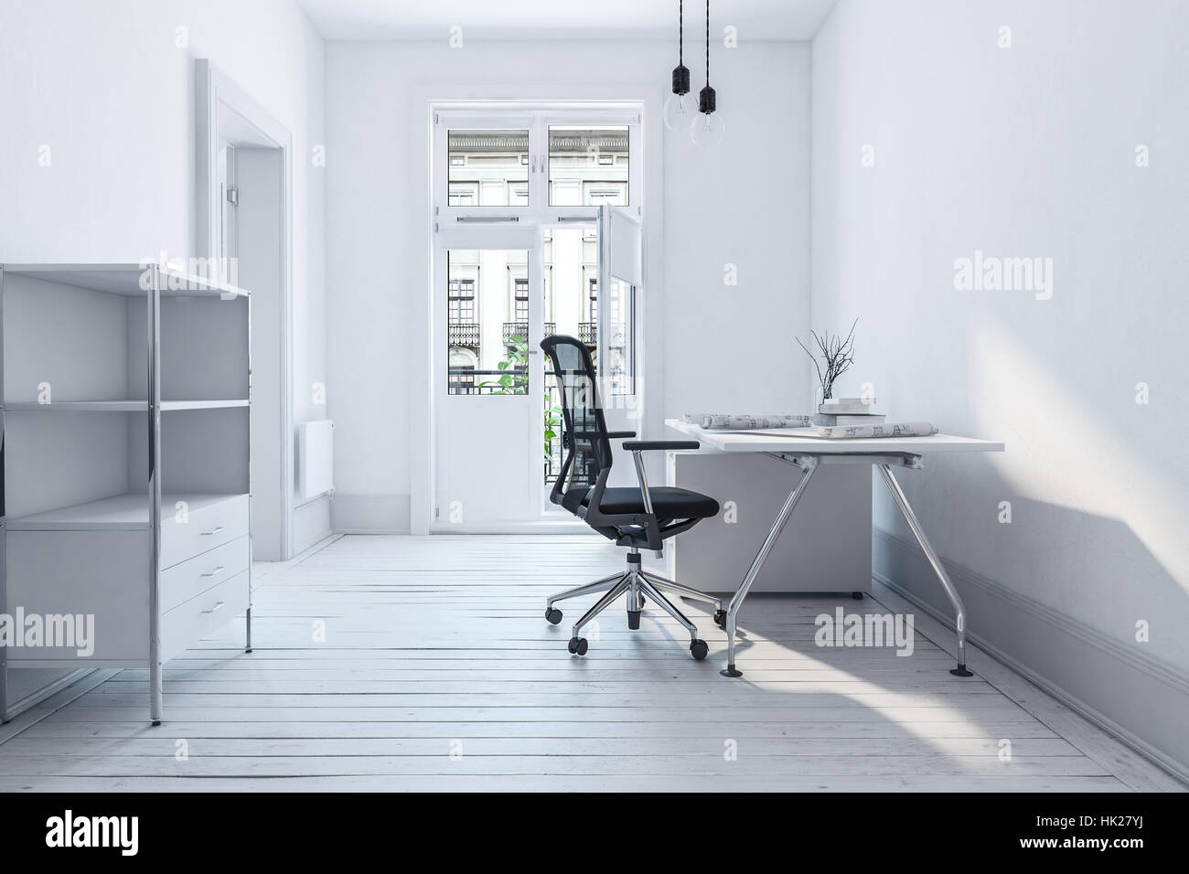 Desk And Office Chair In Spacious Room With White Floorboards