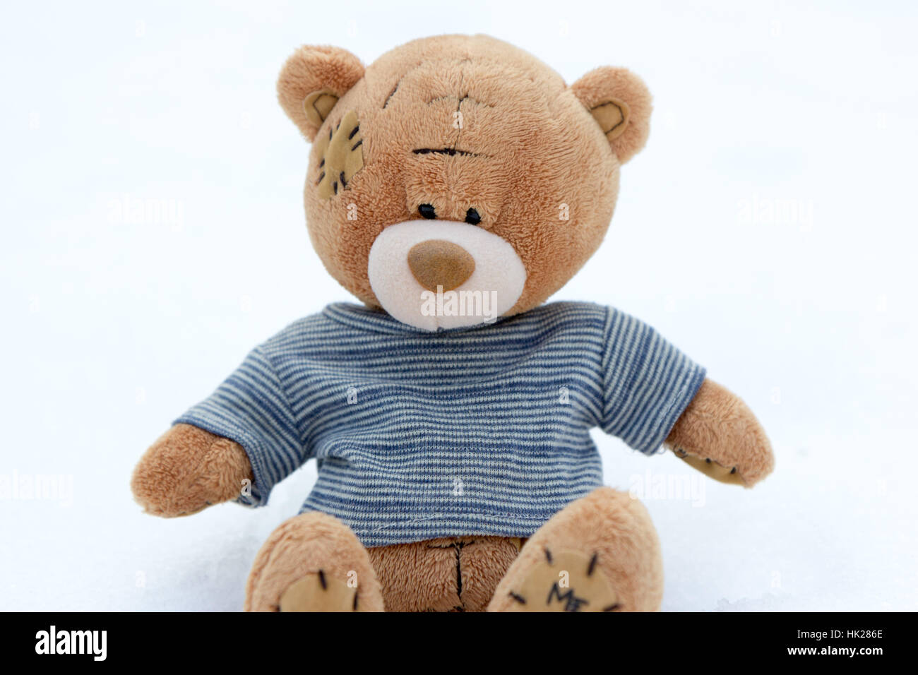 A cute brown teddy bear in snow with blue striped T-shirt and the words 'me to you' on its hind paw Stock Photo