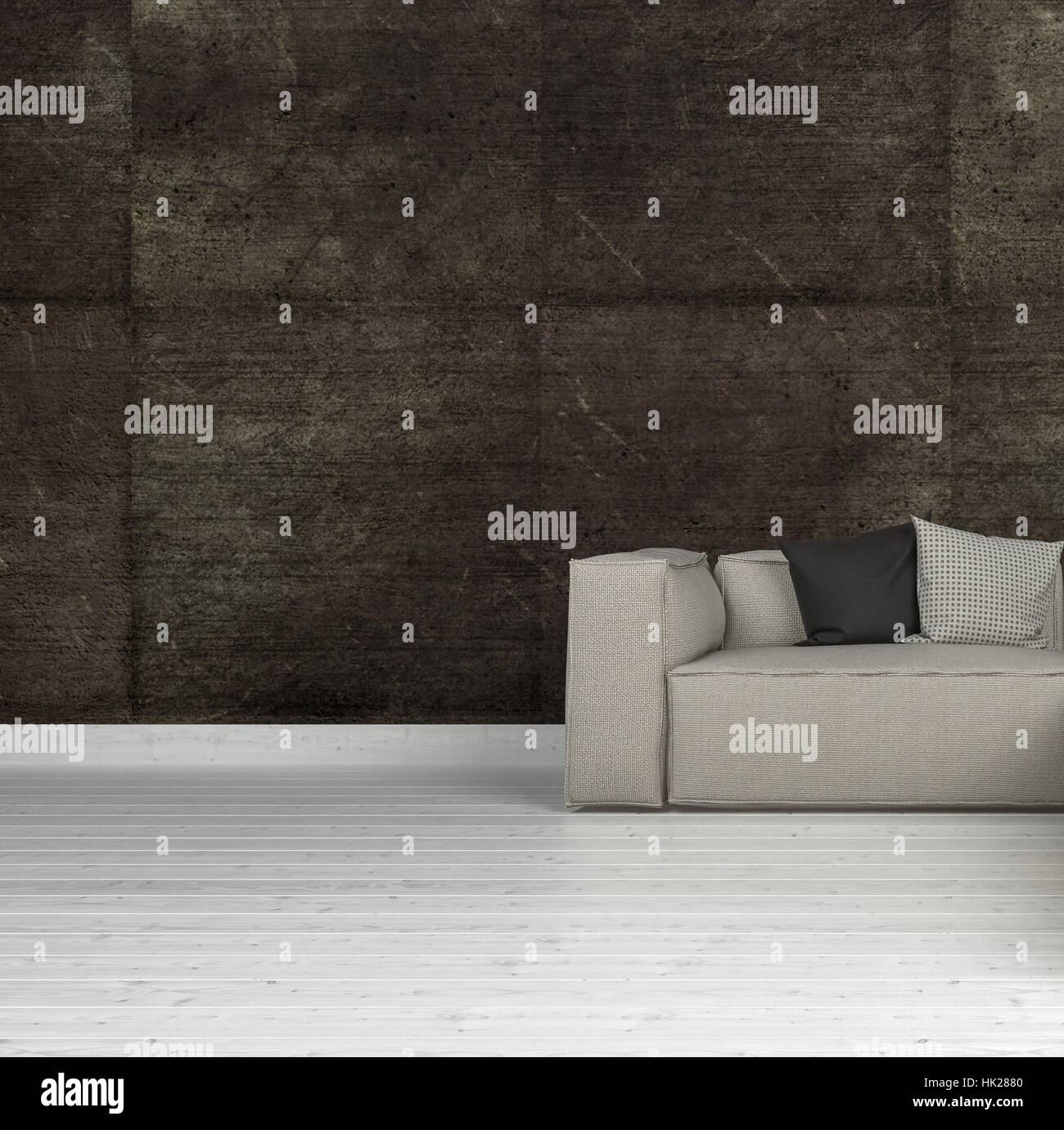 Sofa Of Light Fabric With Cushions On White Wooden Floor Near Dark