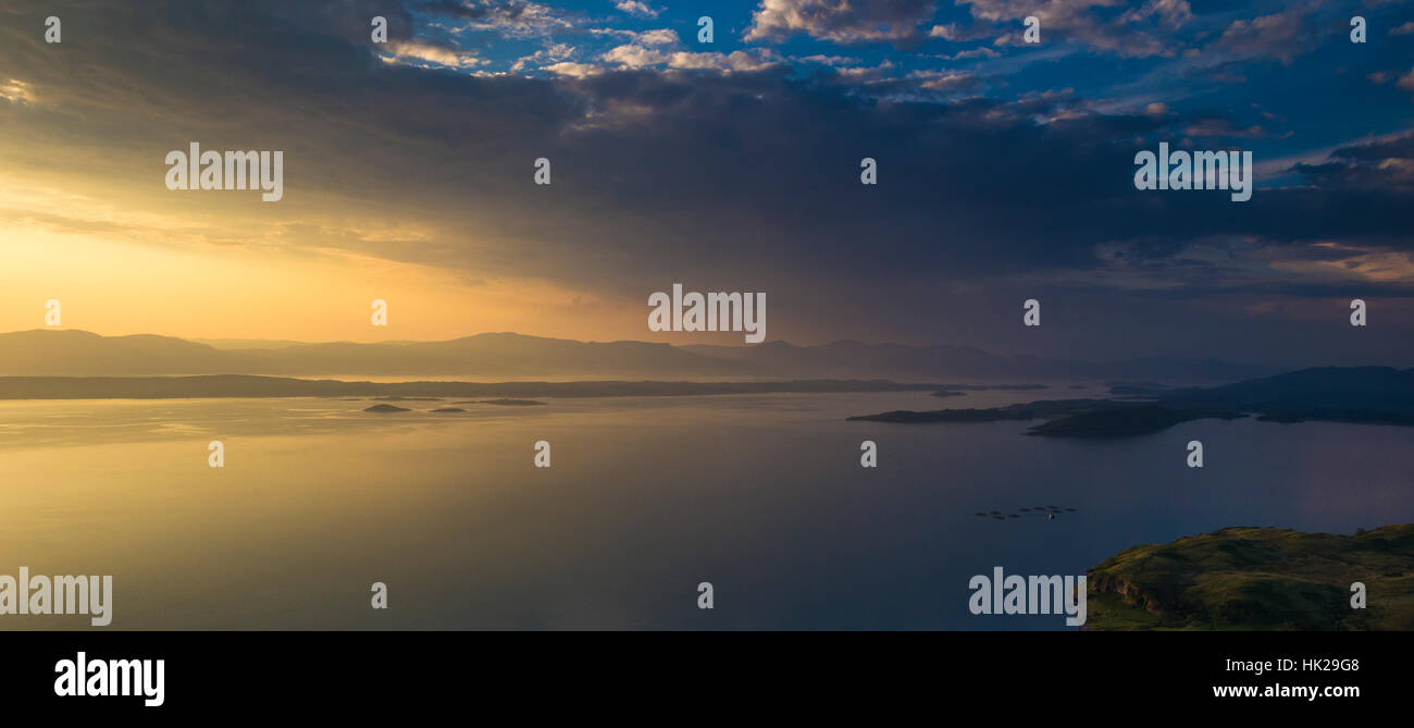 Aerial view Sunset over the Western Isles Scotland Stock Photo