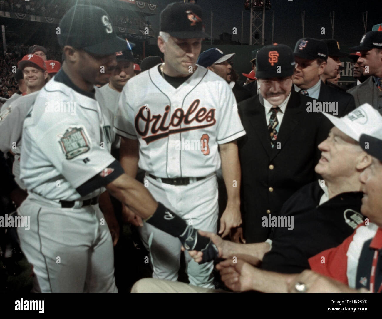 Ken Griffy jr  (left) shakes Ted Willams (right) hand with Cal Ripken center before the start of the the 1999 All Star Game at Fenway park in Boston Ma photo by bill belknap Stock Photo