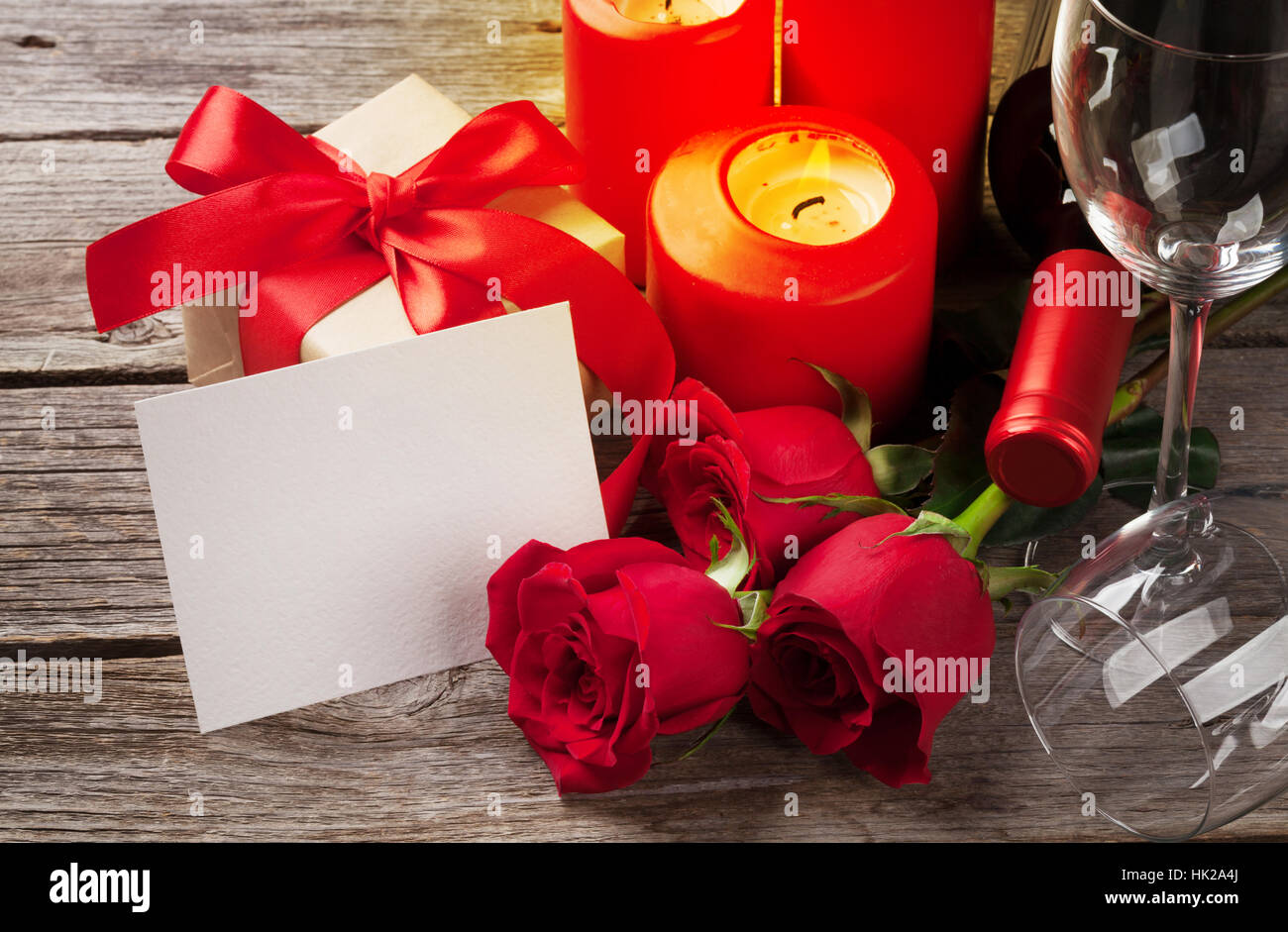 Valentines Day Greeting Card Red Rose Flowers Wine Gift Box And Stock Photo Alamy