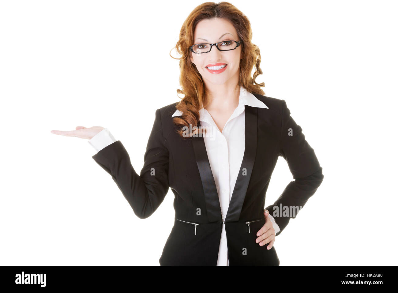 businesswoman showing copy space on her palm Stock Photo - Alamy
