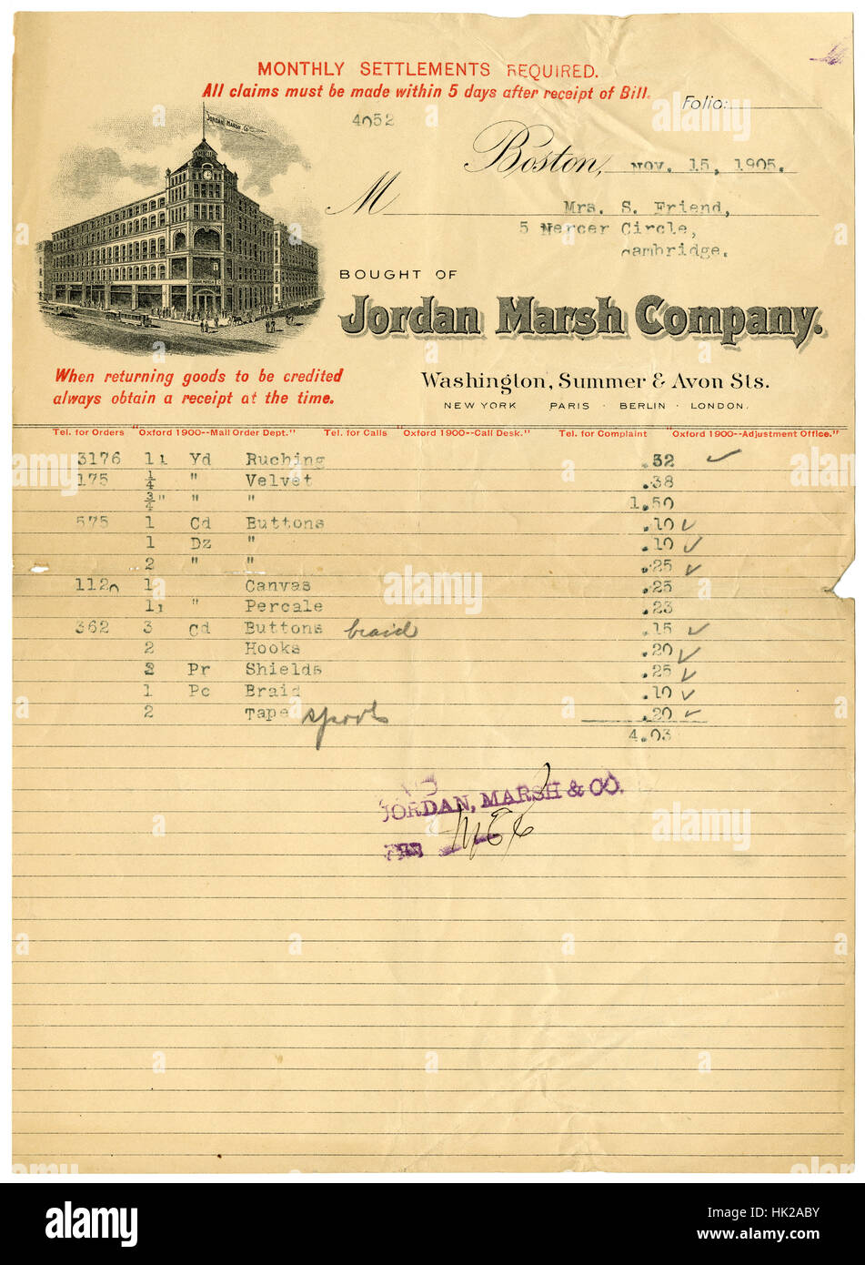 Antique 1905 billhead from the Jordan Marsh Company in Boston, Massachusetts. The Monthly Settlements invoice includes sewing supplies like ruching, velvet, buttons, canvas, percale, hooks and shields. Stock Photo