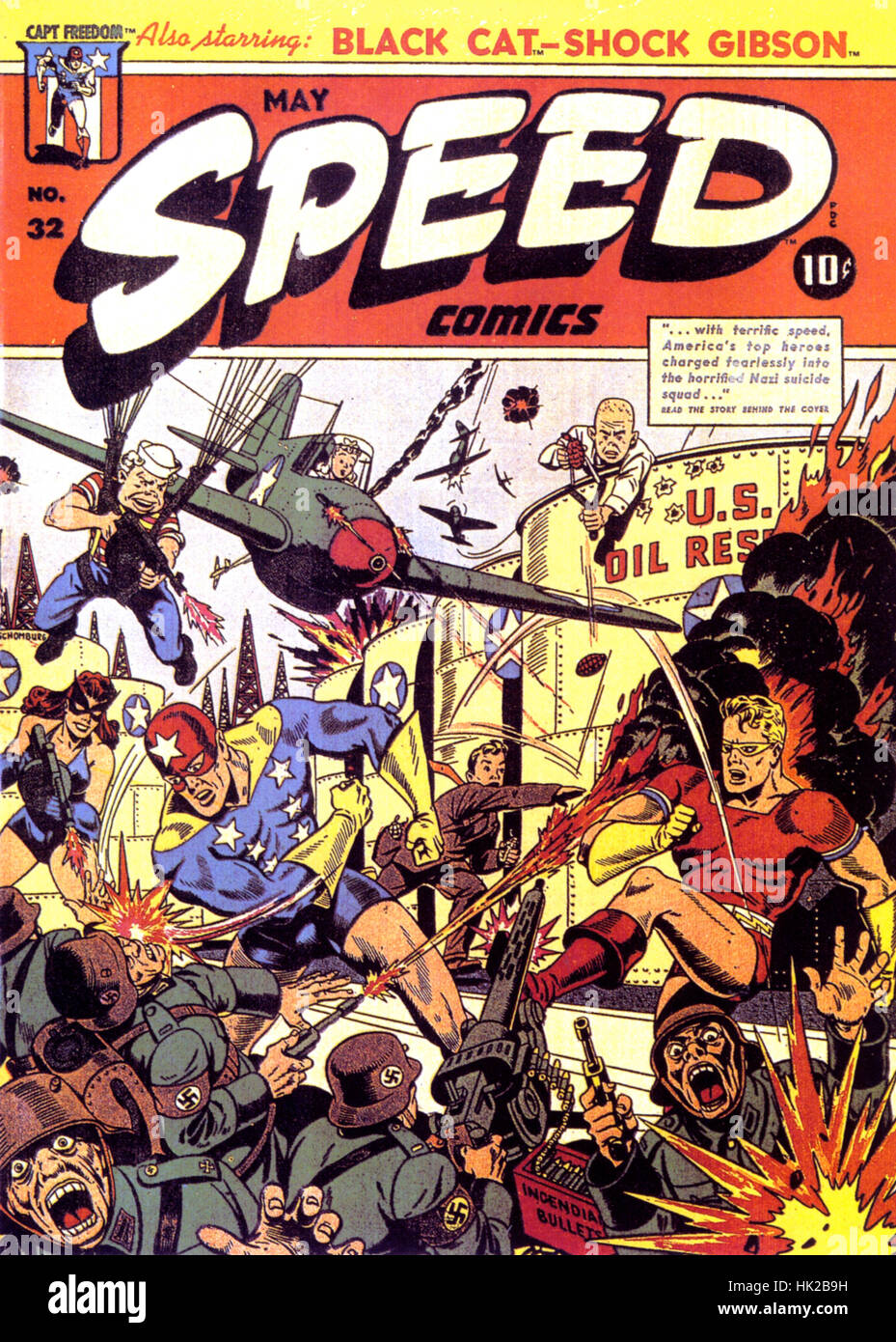 SPEED COMICS Issue no 32. Cover of 1 May 1944  showing American comic book heroes including Capt Freedom, Black Cat and Shock Gibson, giving the German army a hard time. The comic ran from 1939 to 1947. Stock Photo