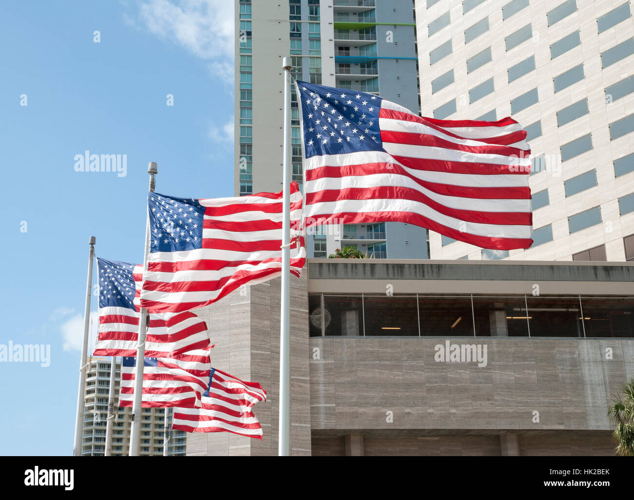 The group of American flags in Miami downtown (Florida Stock Photo Alamy