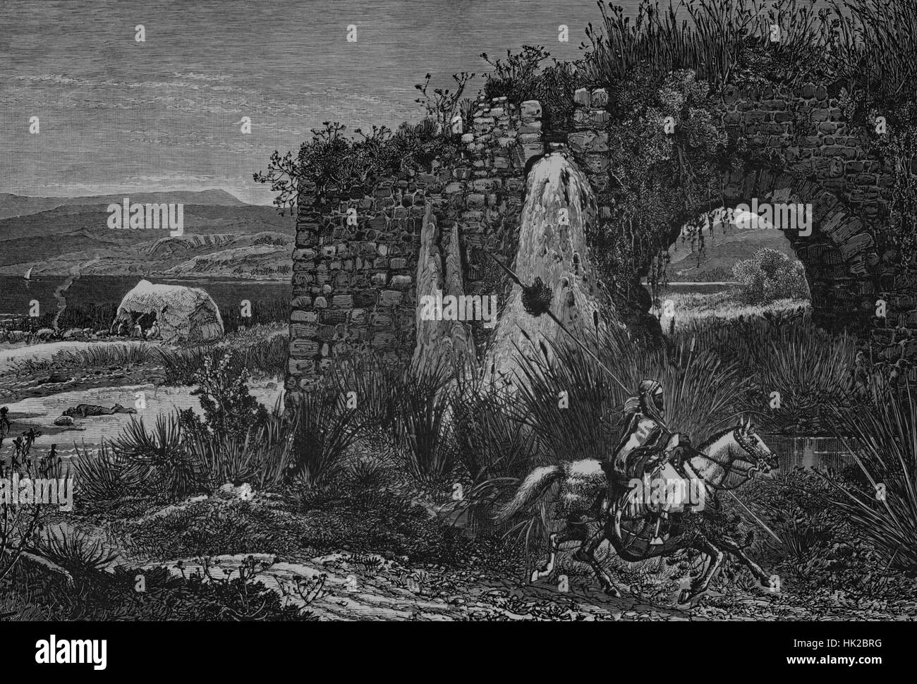 An engraving showing the landscape surrounding a portion of the Sea of Galilee at the supposed site of Bethsaida, which is a biblical location from the New Testament, Israel, 1882. From the New York Public Library. Stock Photo