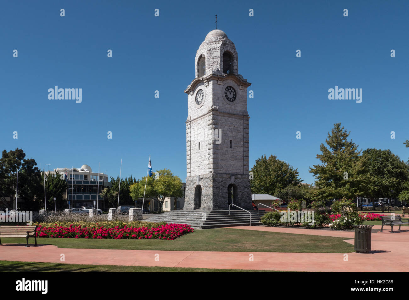 ANZAC memorial Bell Tower in Seymour Square, Blenheim.  South Island, New Zealand. Stock Photo