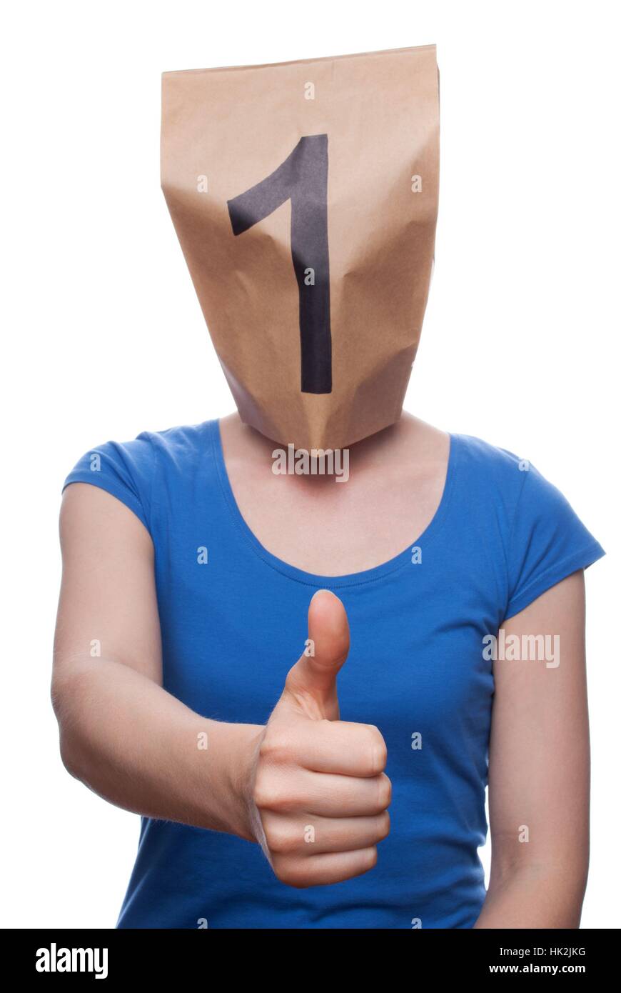 a person with a paper bag head showing a one, isolated Stock Photo Alamy