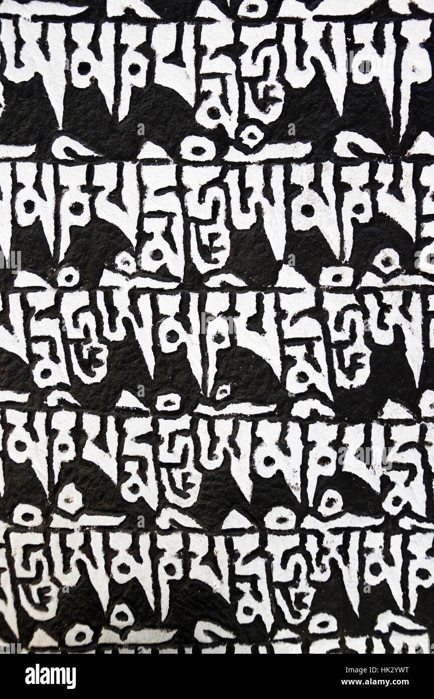 Tibetan script carved on a prayer stone in Nepal Stock Photo