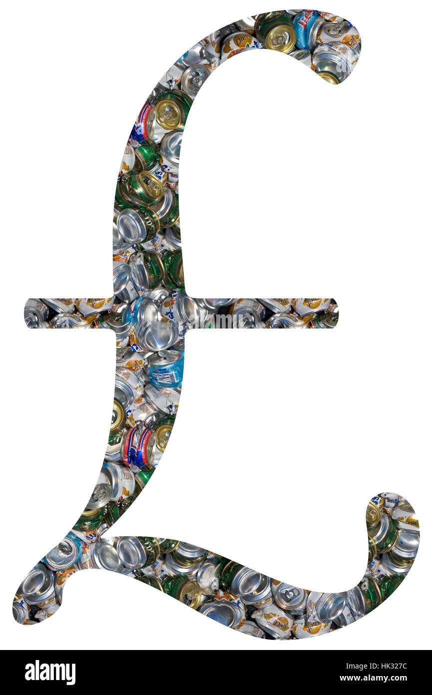 British pound made of crushed recycled cans Stock Photo