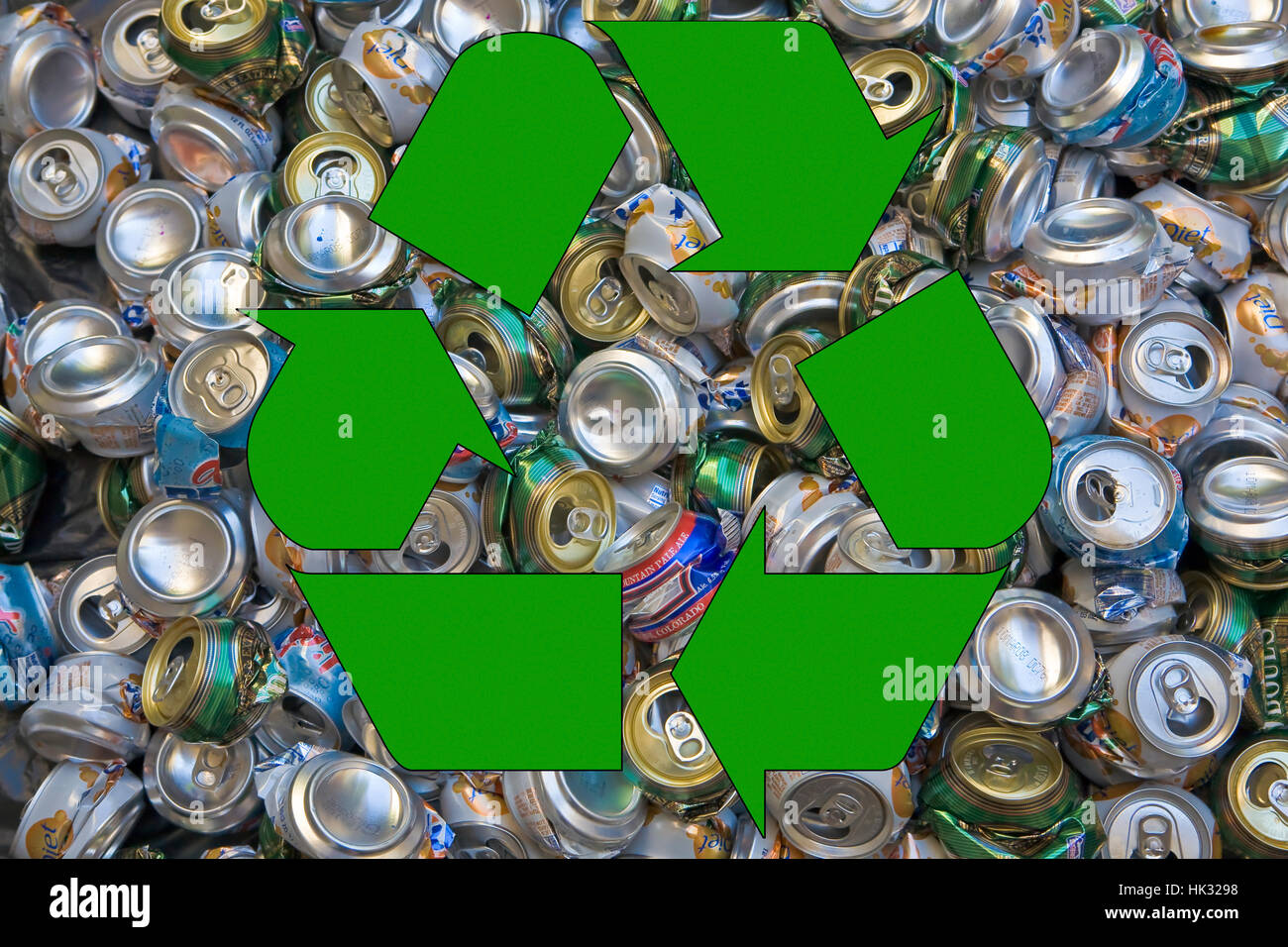crushed soda cans with recycle symbol Stock Photo Alamy