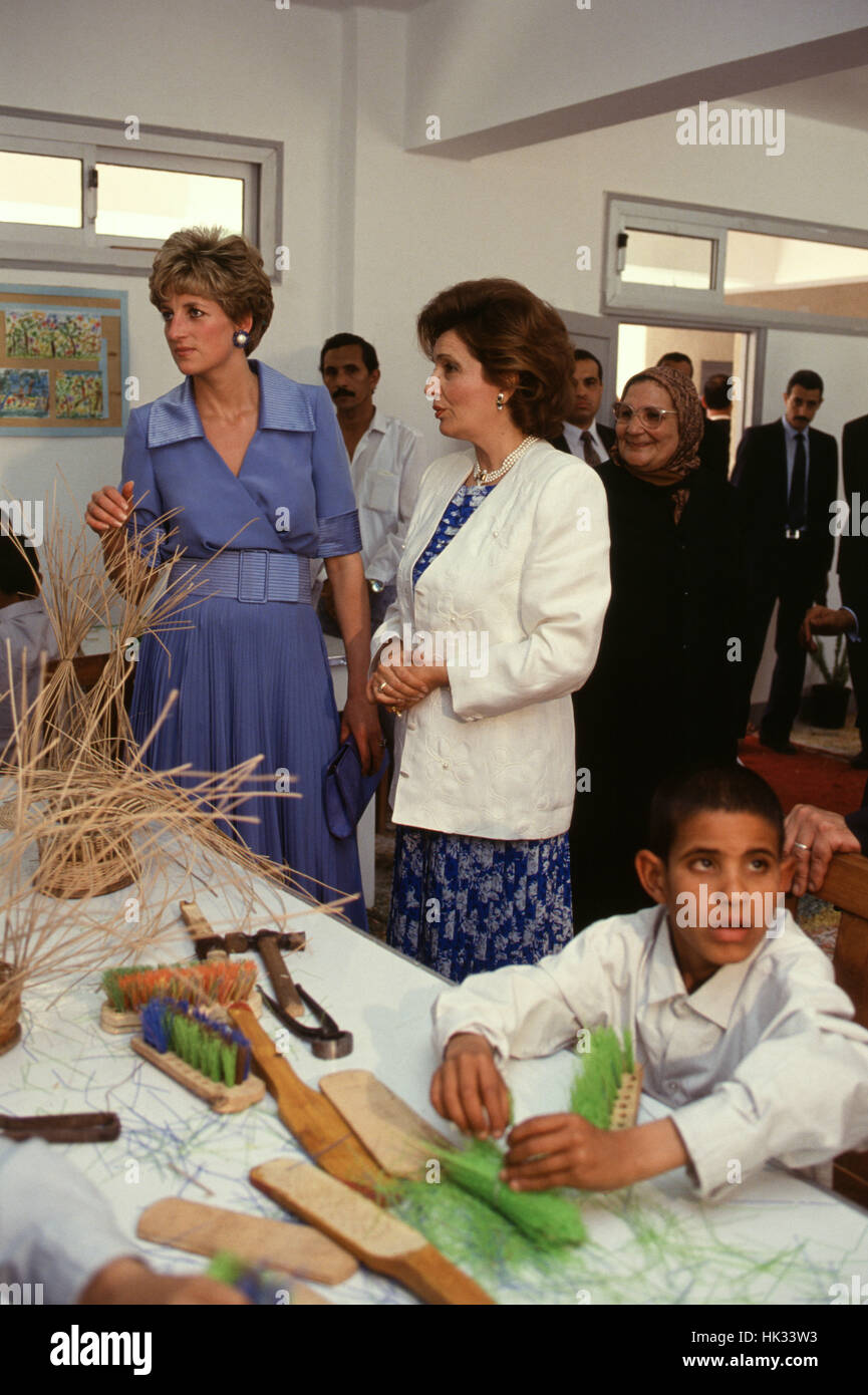 Princess Diana of Wales, on a visit to Egypt in 1992, visits a charity with Suzanne Mubarak. Stock Photo