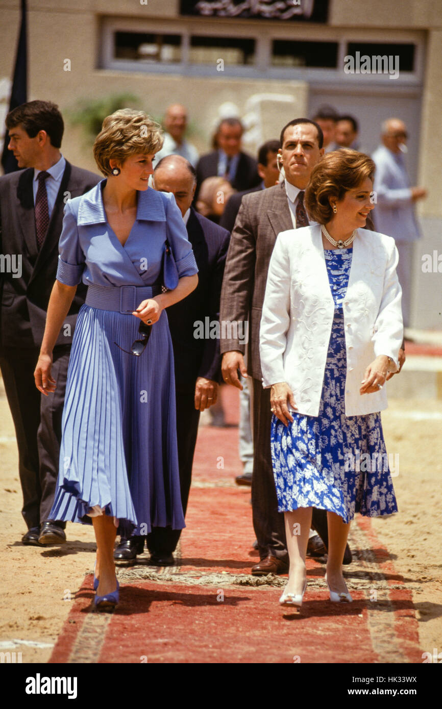 Princess Diana of Wales, on a visit to Egypt in 1992, visits a charity with Suzanne Mubarak. Stock Photo