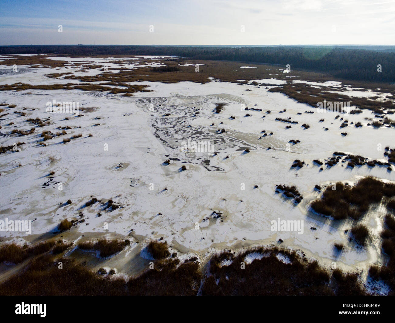 aerial view of frozen forest lake in winter. drone photography ...