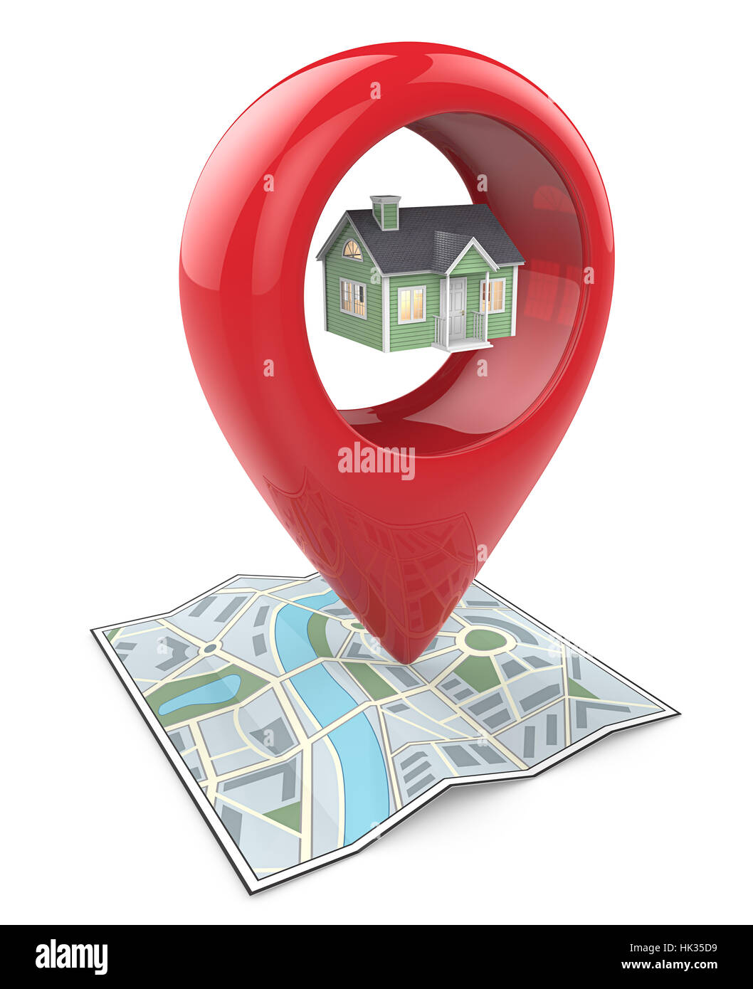 3D render of a Map with Large Red GPS Pointer containing a Green House. Stock Photo
