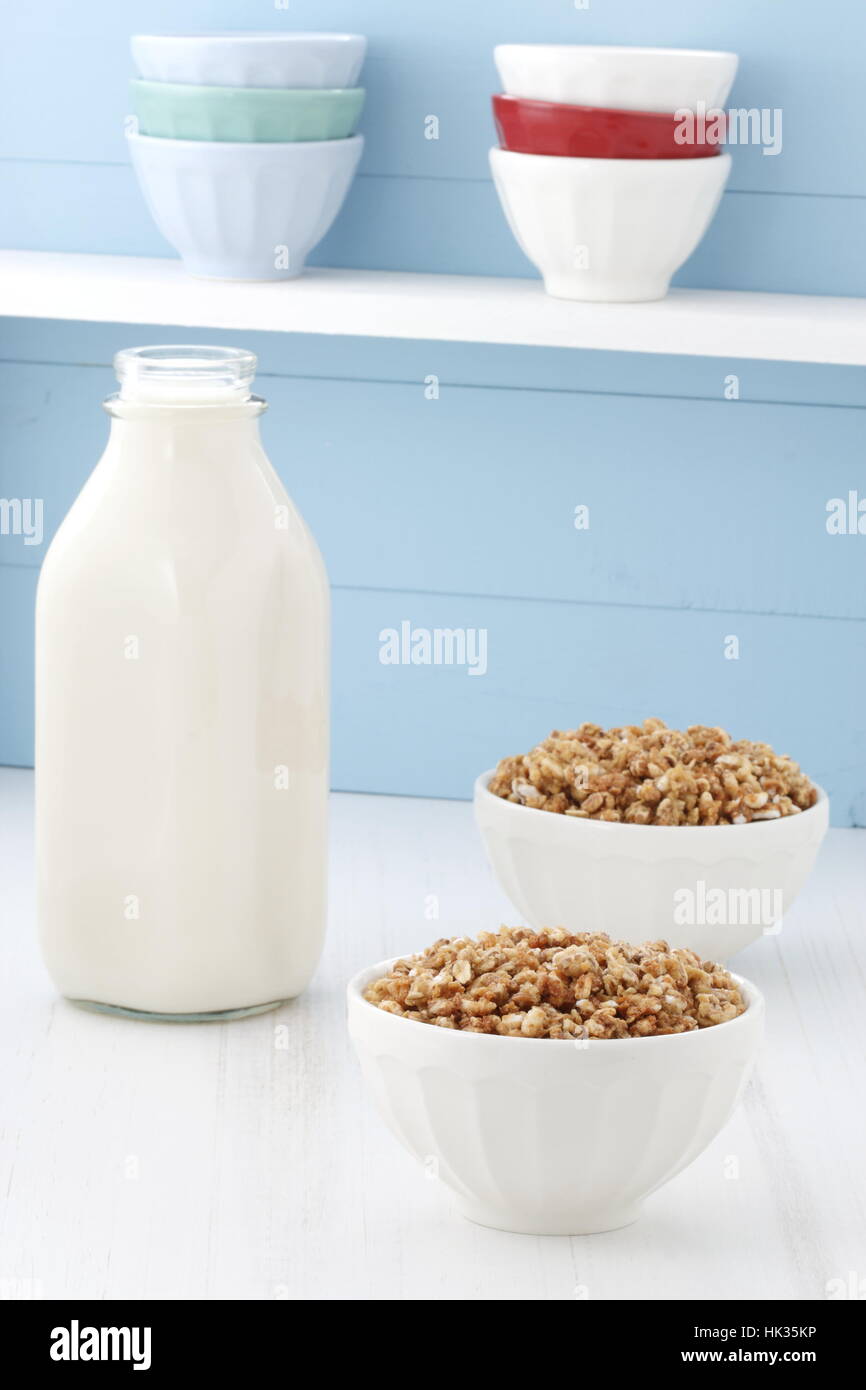 Delicious and healthy crunchy oats cereal, popular around the world, and often eaten in combination with yogurt or milk. Stock Photo