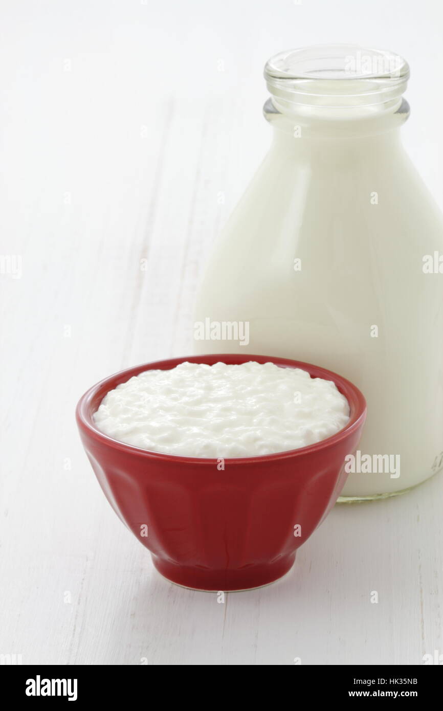 Cottage Cheese And Fresh Milk On Vintage French Table Linen Stock