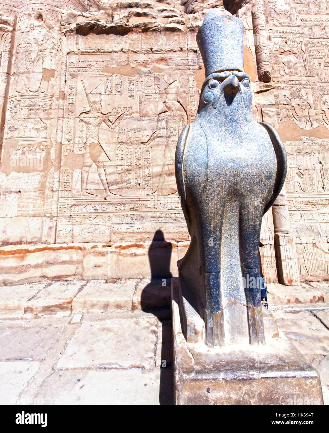 Ancient Egyptian Civilization Statue of God Horus Standing in Courtyard of Temple of Philae between Aswan and Luxor, Egypt Stock Photo