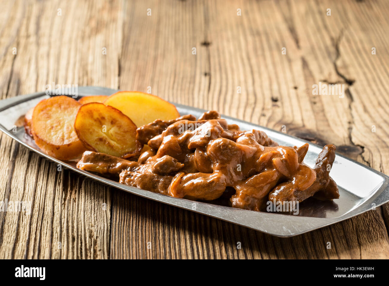 Beef Stroganoff, original recipe of russian dish. Thin strips of beef