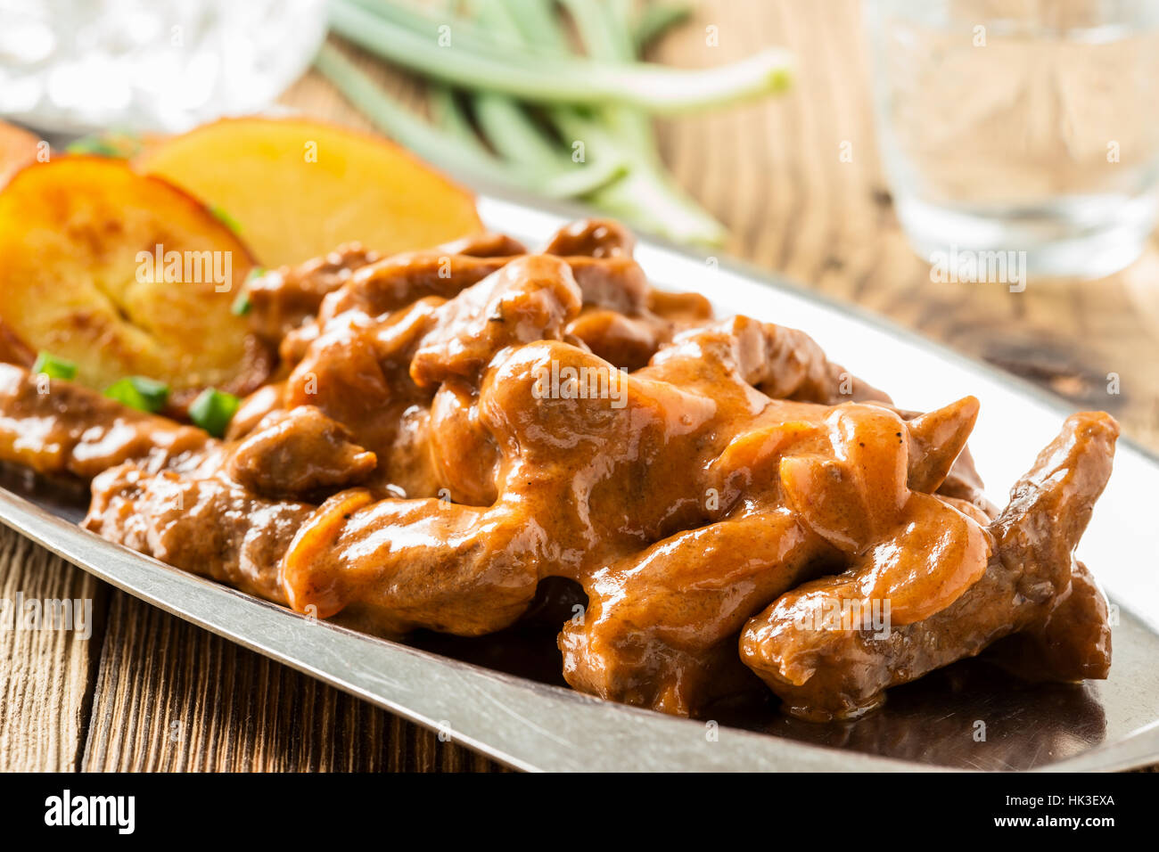 Beef Stroganoff, original recipe of russian dish. Thin strips of beef