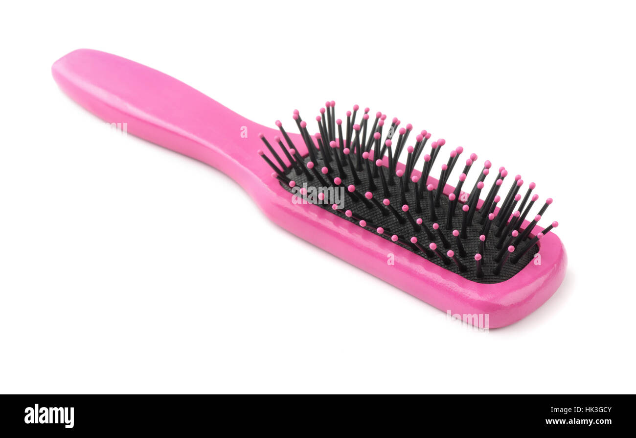 Pink wood hairbrush isolated on white Stock Photo