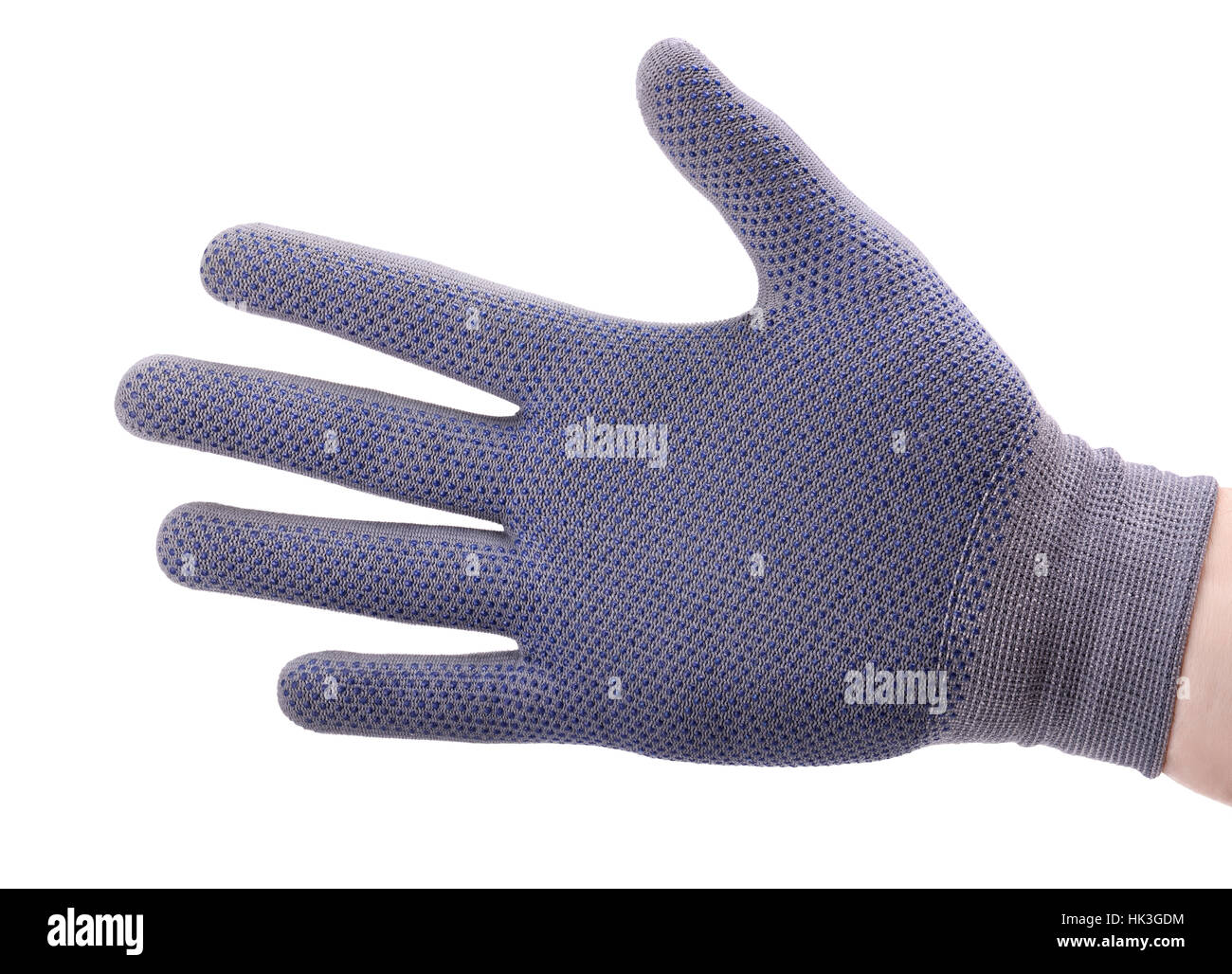 Rigth hand in cotton work glove isolated on white Stock Photo