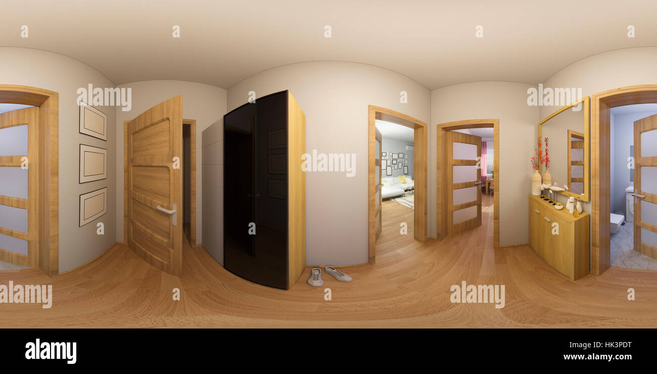 3d illustration 360 degrees panorama of hall interior design Stock ...