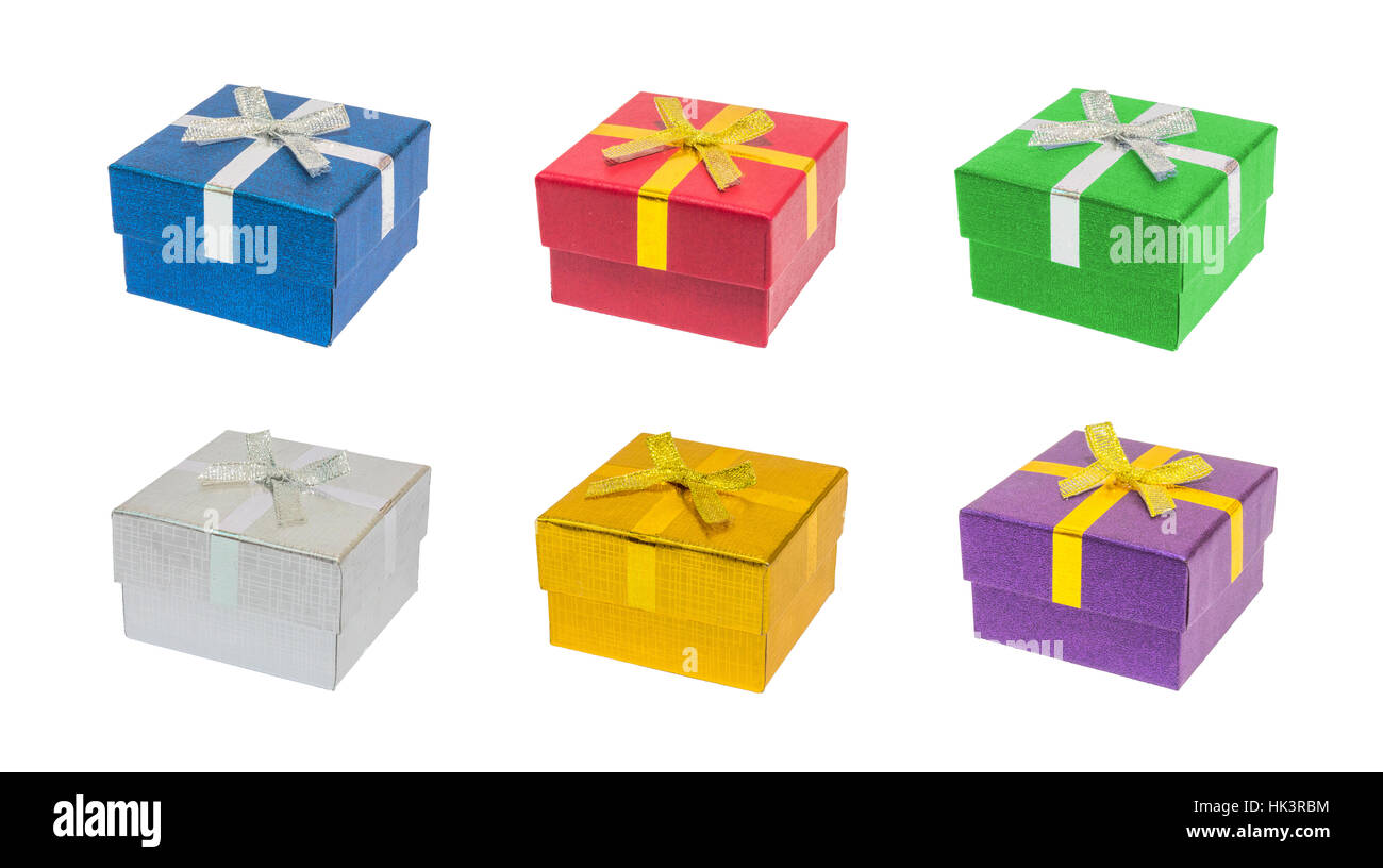 Perspective view of various shiny colorful blue, red, green, silver, gold, purple square christmas gift or present boxes, isolation on white backgroun Stock Photo
