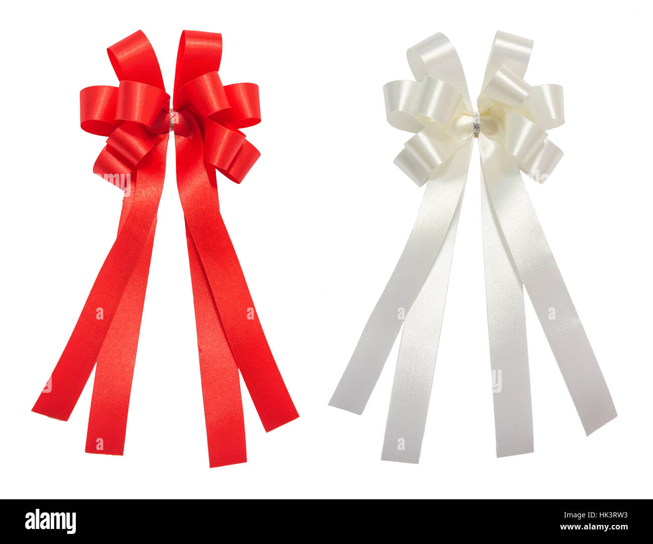 Red and white bow tale glossy ribbon, christmas, reward, prize, award concept icon or symbol decorations, isolation on white background with clipping  Stock Photo