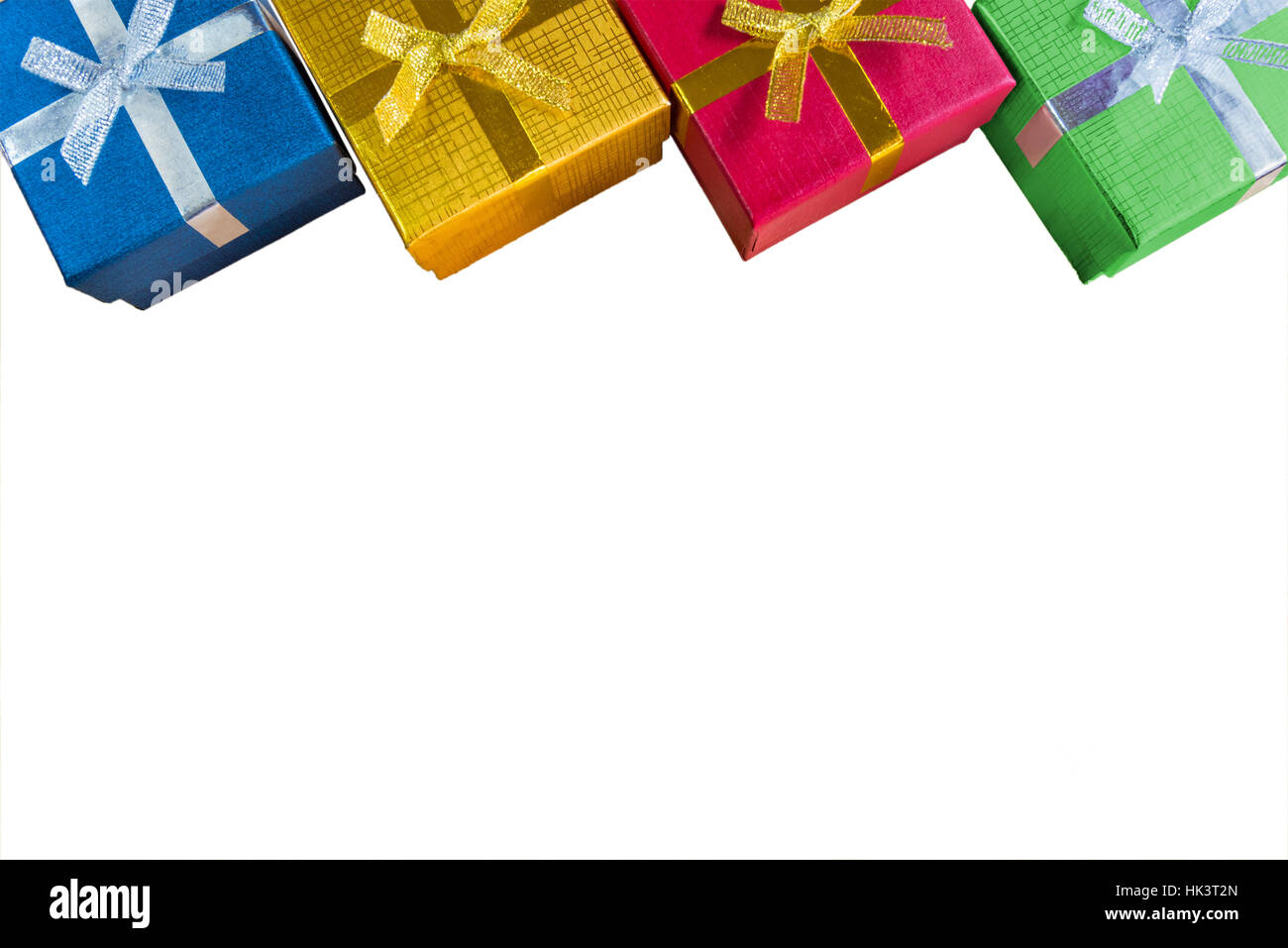 Top view or flat lay of various glossy color christmas&happy new year gift boxes with blank space or copy space, reward holiday celebrations presents  Stock Photo