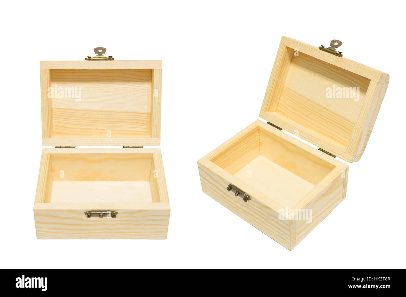 Clean Vintage Opened Box Wood Crate Chest Isolation on White, Gift Present Reward Concept. Stock Photo