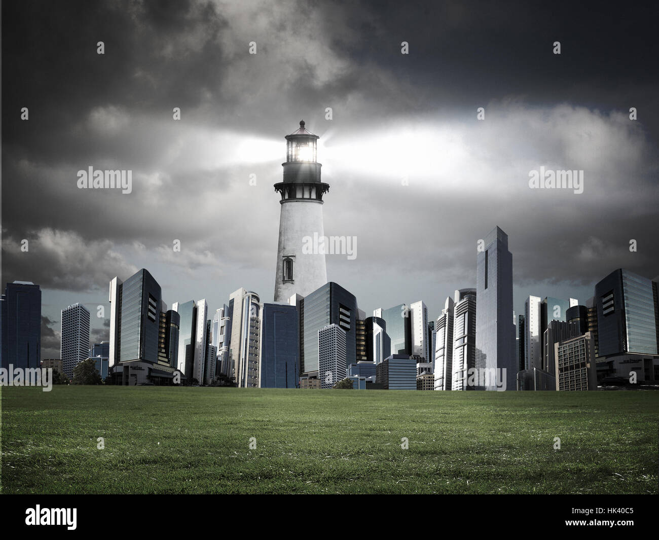 Collage with lighthouse at night with beam of light Stock Photo - Alamy