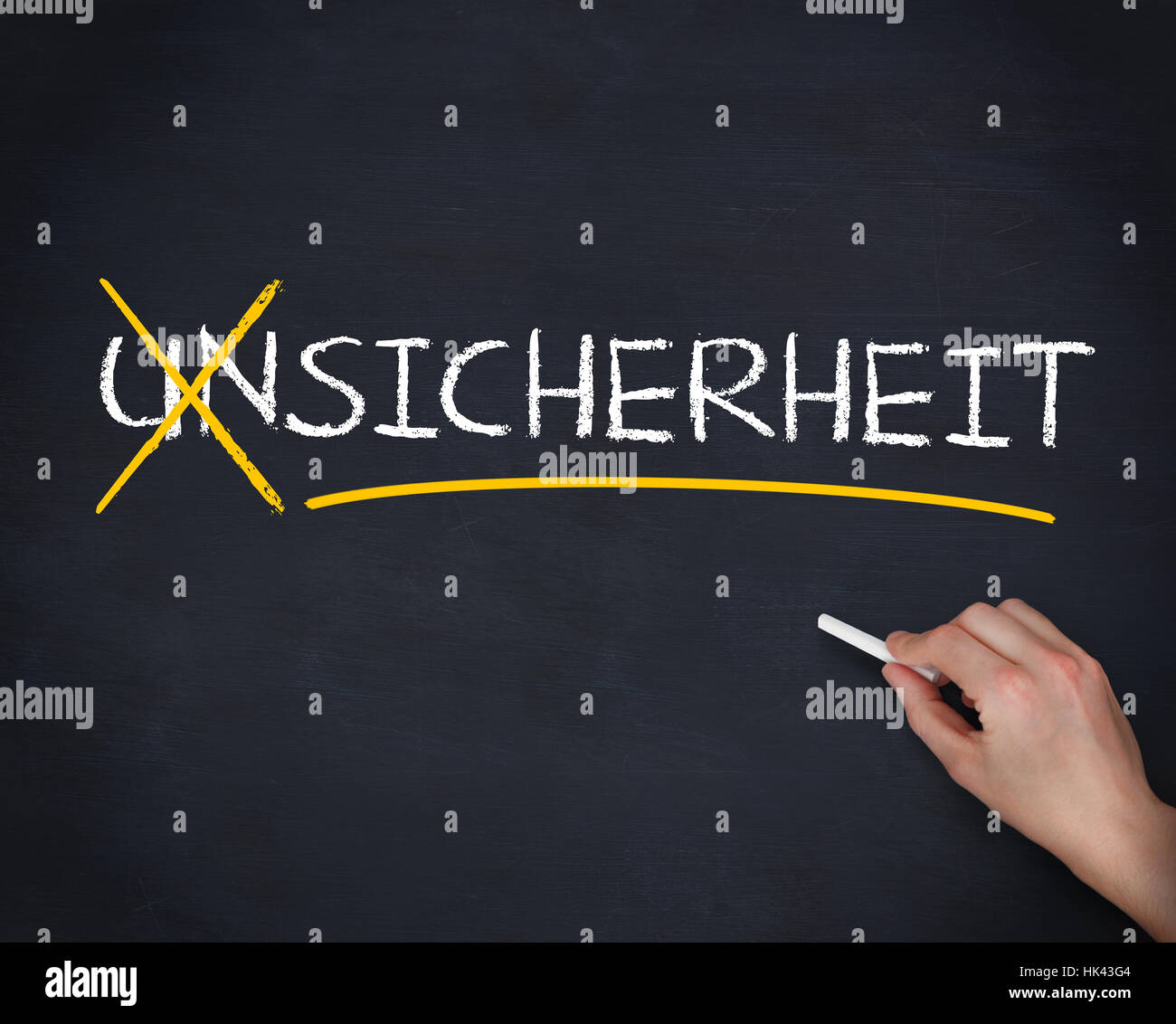 Hand crossing out the german word unsicherheit on a blackboard Stock Photo