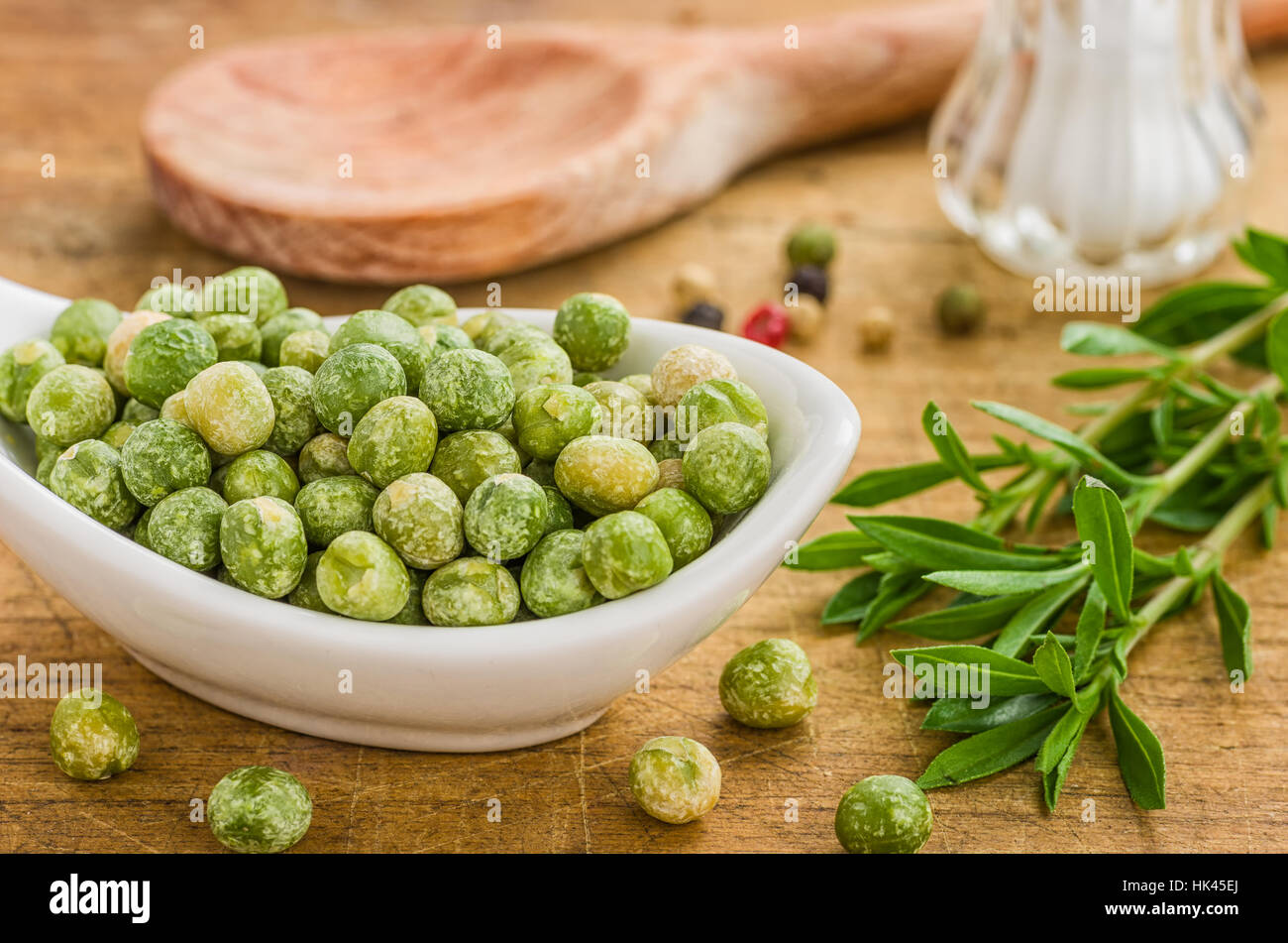 porcelain dish with green beans Stock Photo