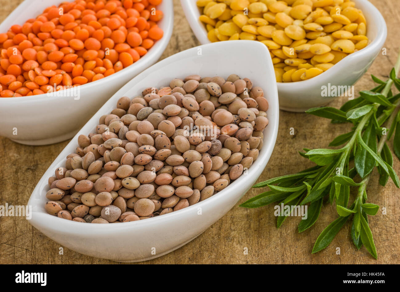 various types of lentils in porcelain dish Stock Photo